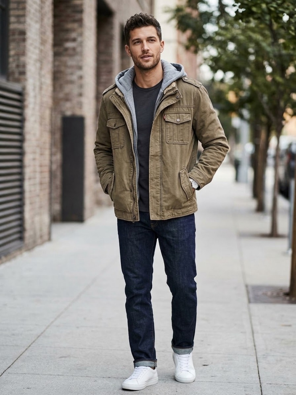 Levy’s Men's Olive Hooded Utility Jacket - removable hood.